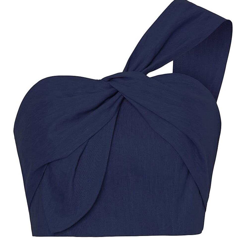 Milly One Shoulder Crop Linen Top Navy Blue Women's Size Medium New With Tags